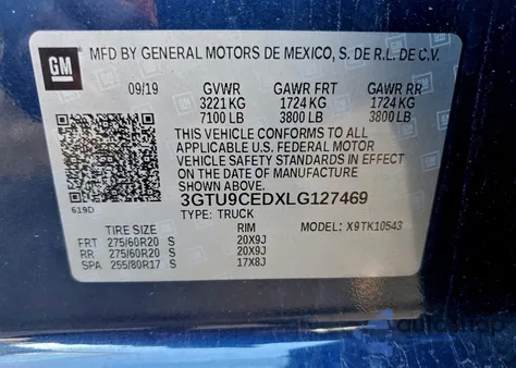 2020 GMC Sierra K1500 Elevation from USA, damaged, VIN 3GTU9CEDXLG127469